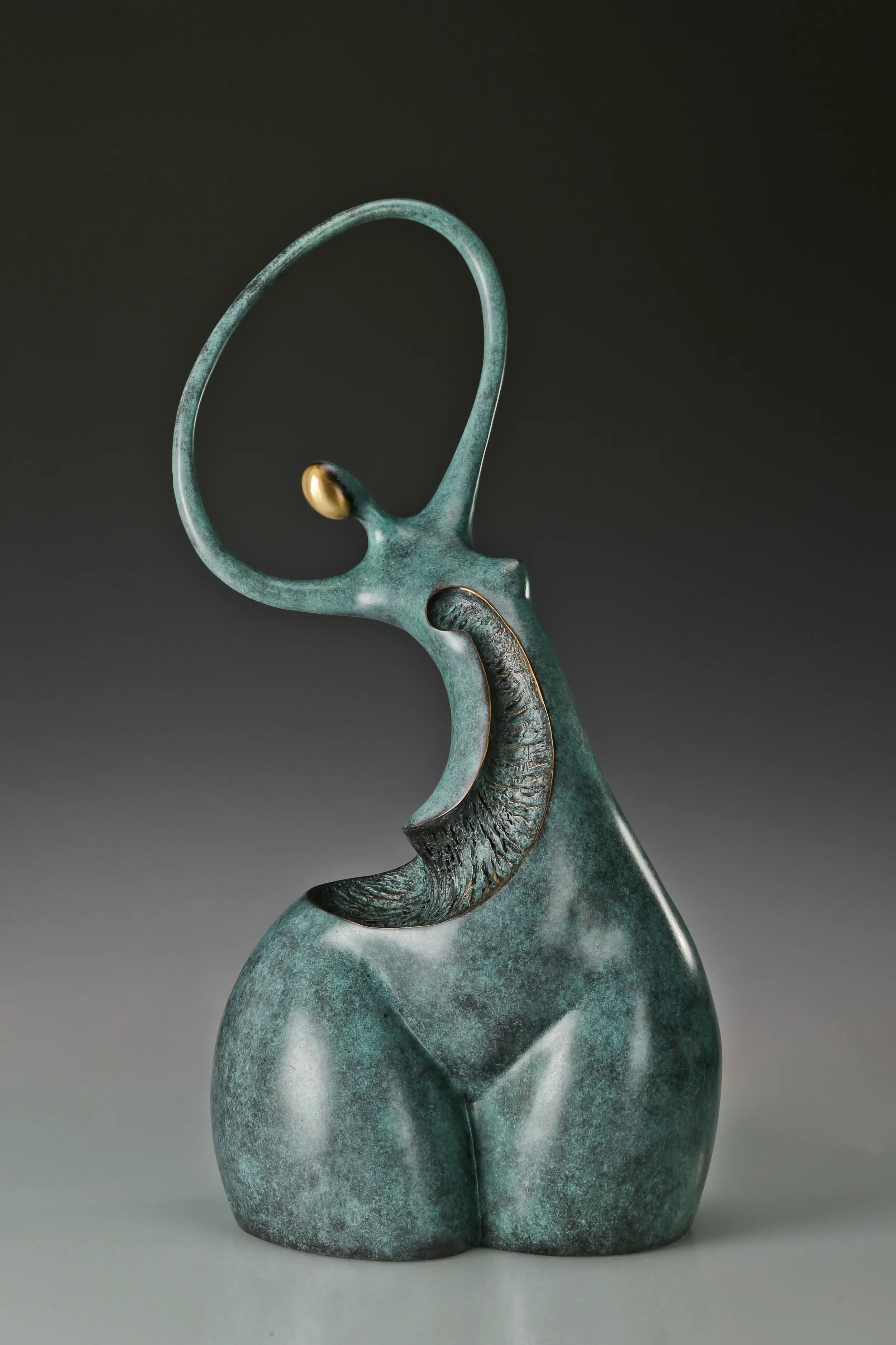 Front angled view of modern abstract female dancer bronze sculpture