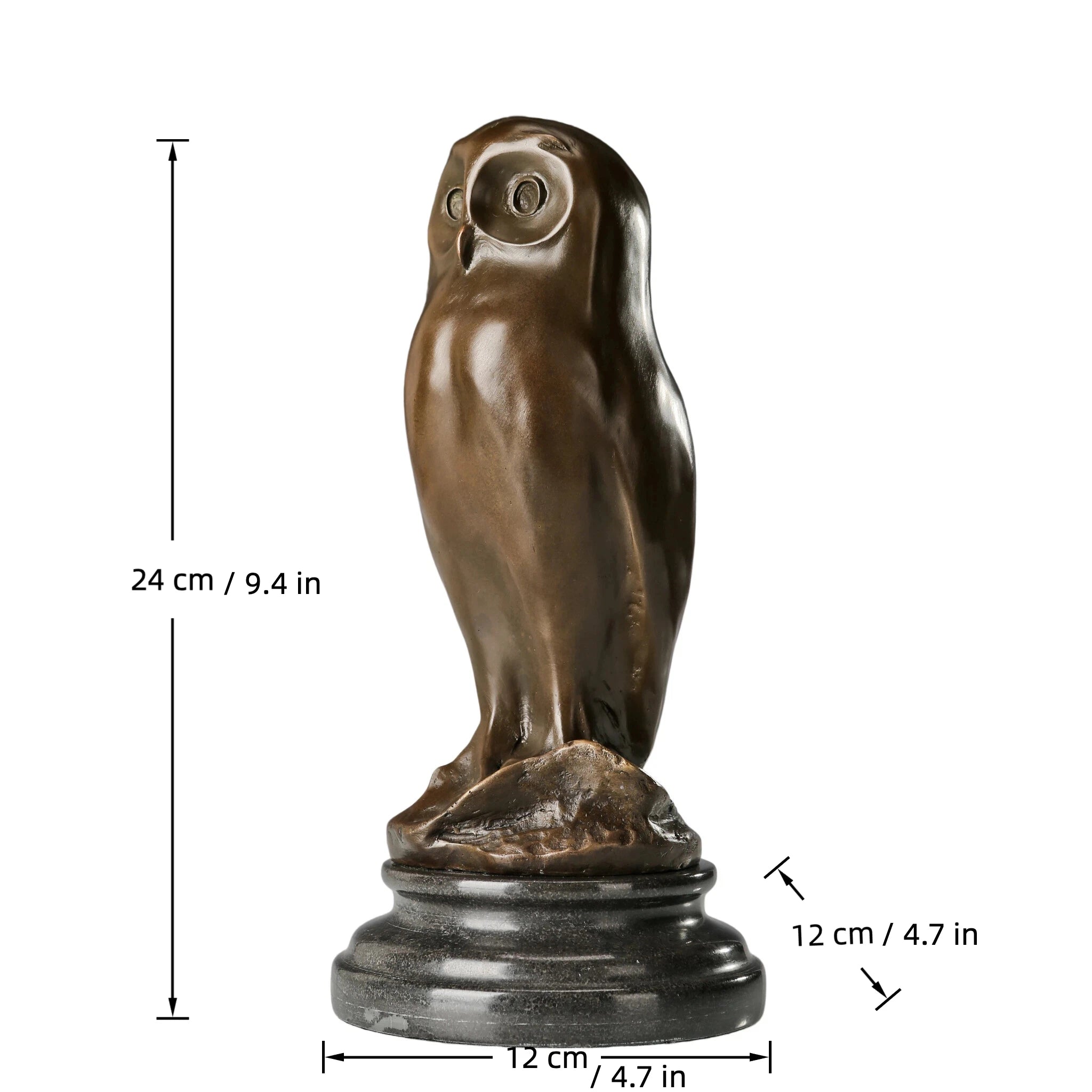 Angled view of modern bronze owl statue showing clean sculptural lines and warm patina