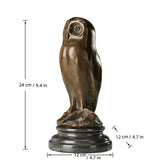 Angled view of modern bronze owl statue showing clean sculptural lines and warm patina