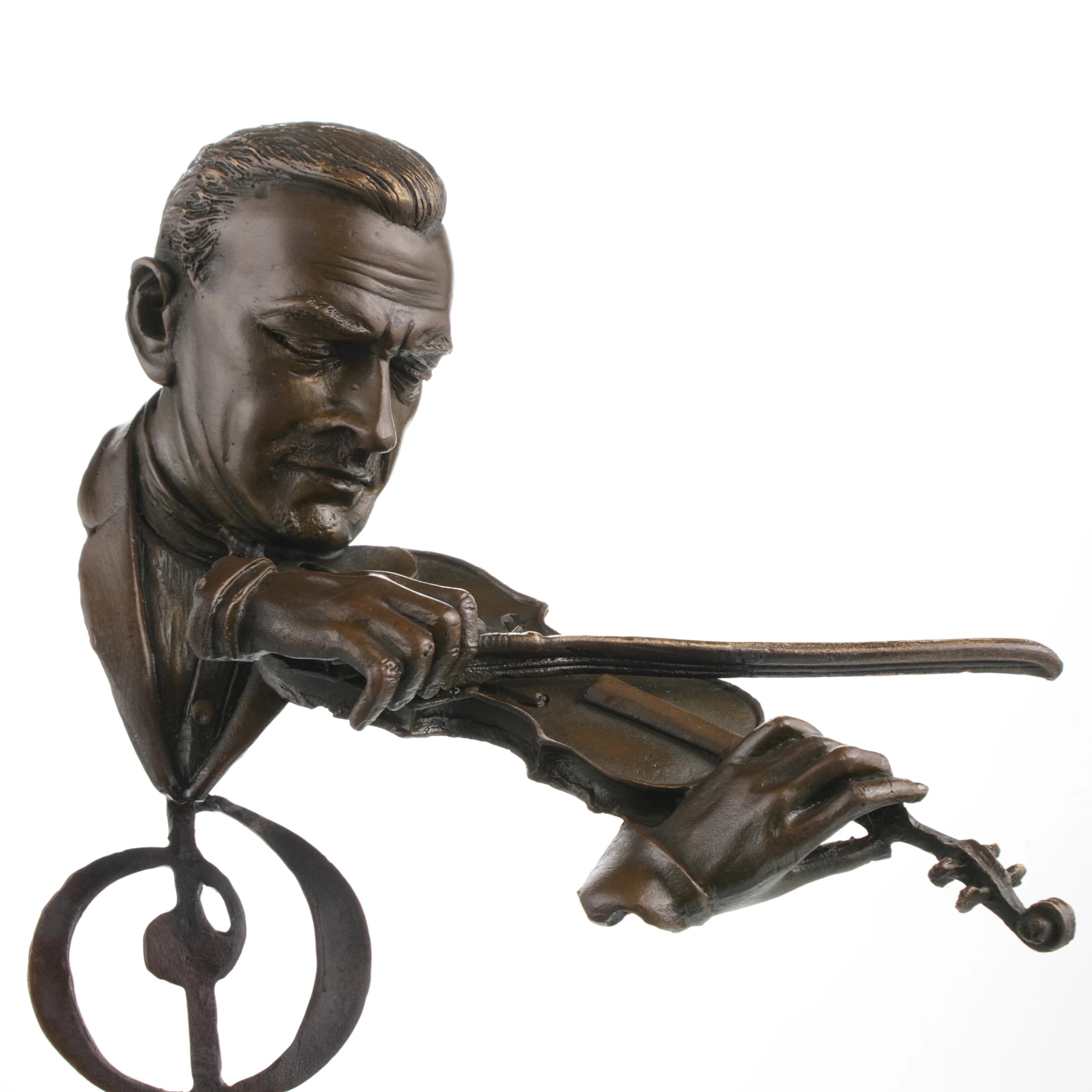 Close-up detail of bronze violinist bust featuring expressive face, violin, and handcrafted details.