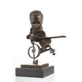Modern bronze violinist bust sculpture with treble clef design on black marble base.