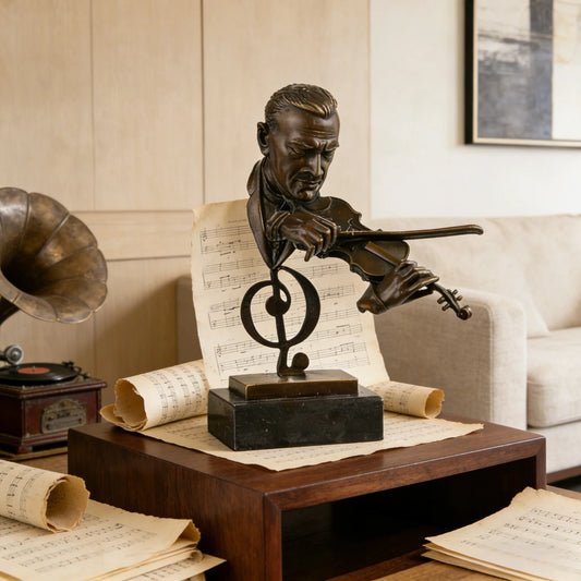 Modern bronze violinist sculpture with treble clef, classical musician bust on black marble base, luxury music room art.