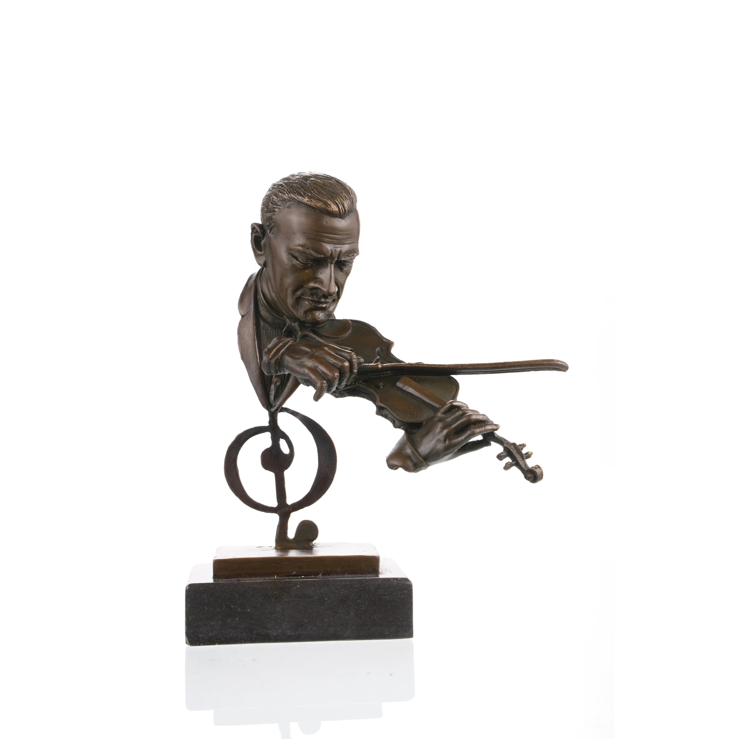 Side view of modern bronze violinist bust sculpture showing expressive performance pose.