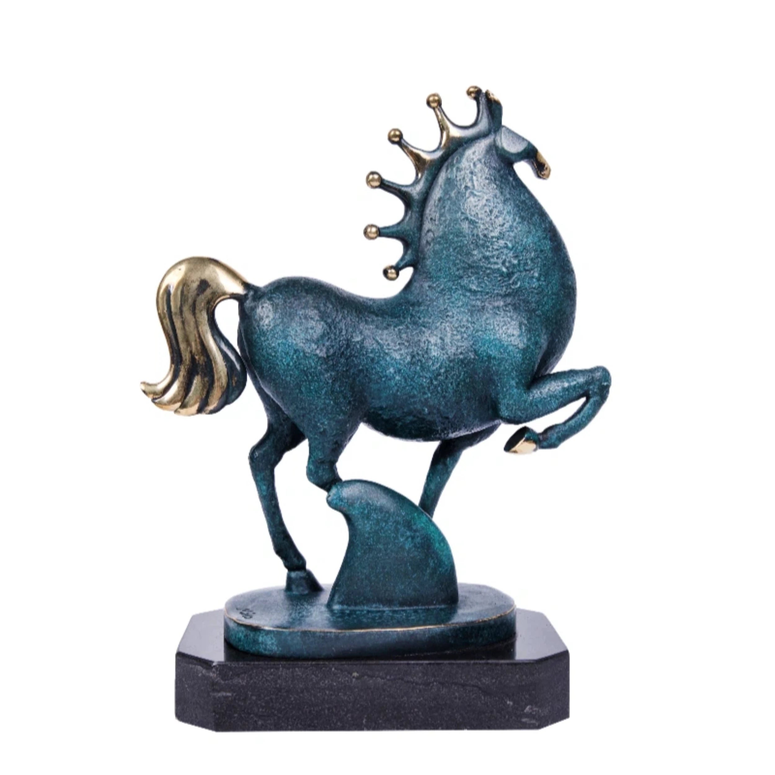 Turquoise decorative horse bronze sculpture with gold accents. A modern symbol of luck, prosperity, and joyful energy for stylish interiors.