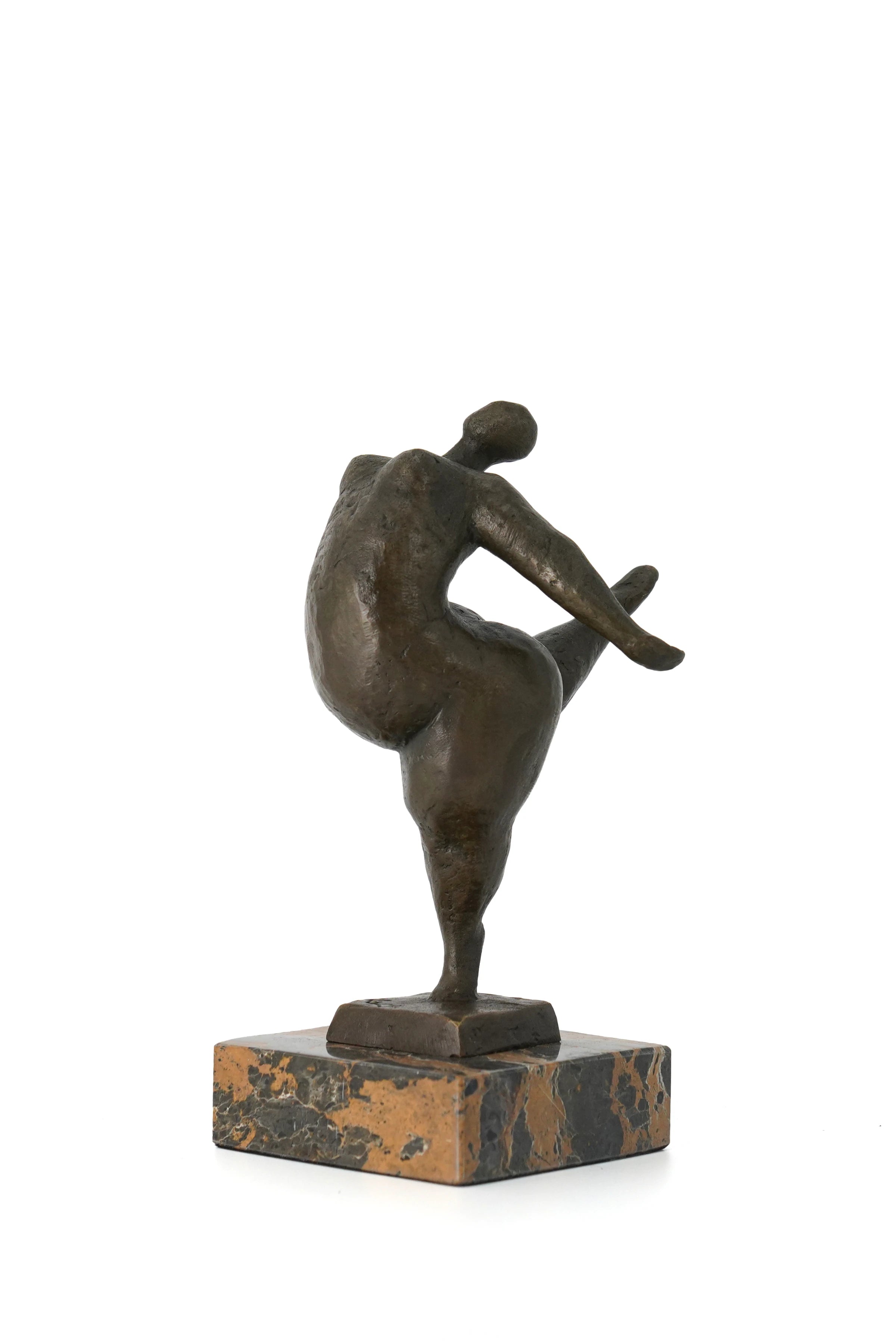 Modern dancing figure bronze statue with rounded abstract form on marble base, contemporary home decor