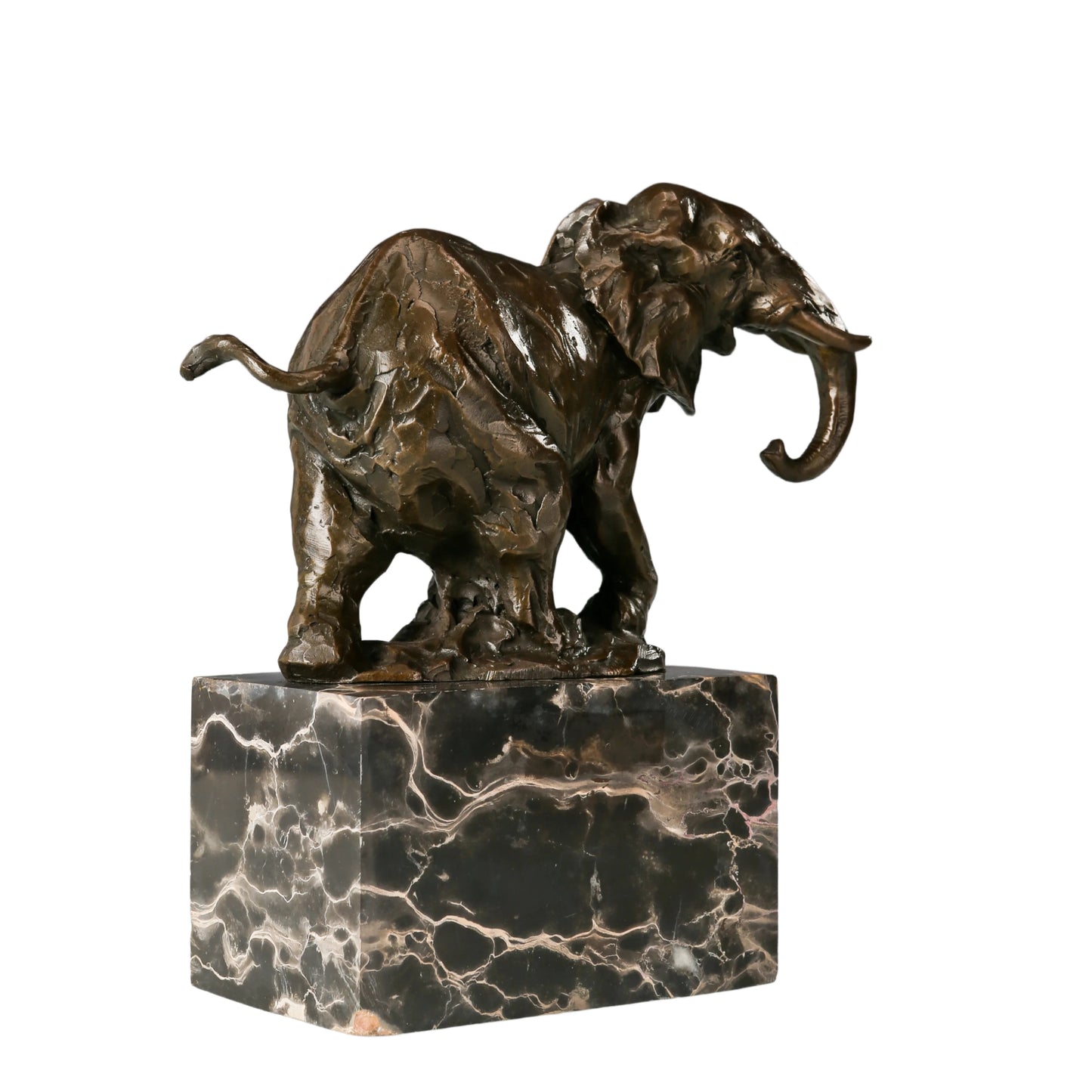 a dynamic bronze sculpture of an elephant, crafted using the lost-wax casting method with a distinctively expressive, textured finish.