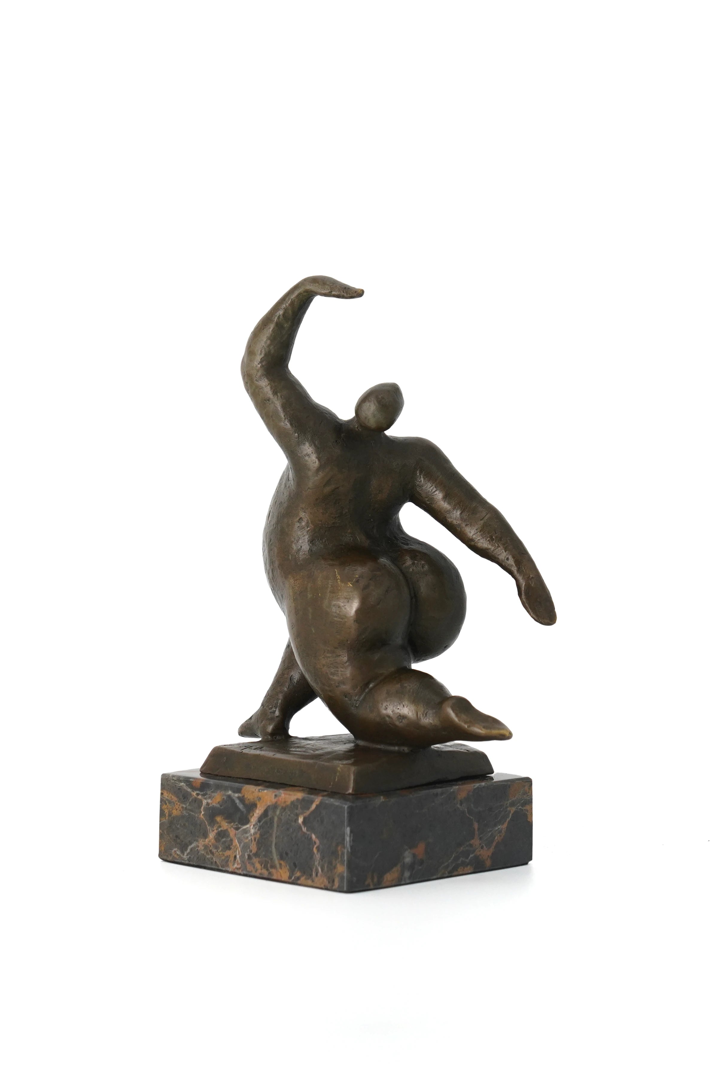 Grounded balance dancing figure bronze sculpture with rounded form on marble base, modern abstract decor
