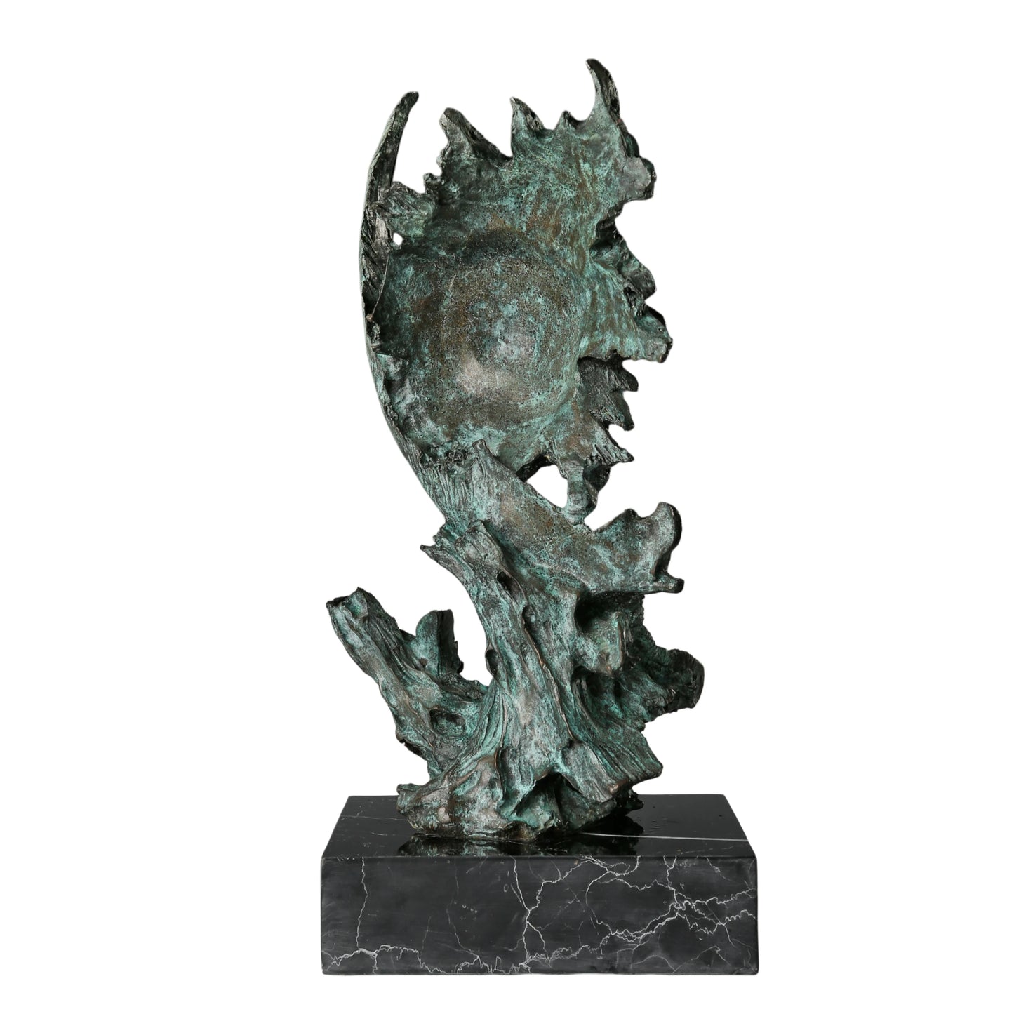 Abstract bronze eagle head sculpture with striking verdigris patina and marble base. A bold wildlife statue symbolizing freedom, strength, and vision.