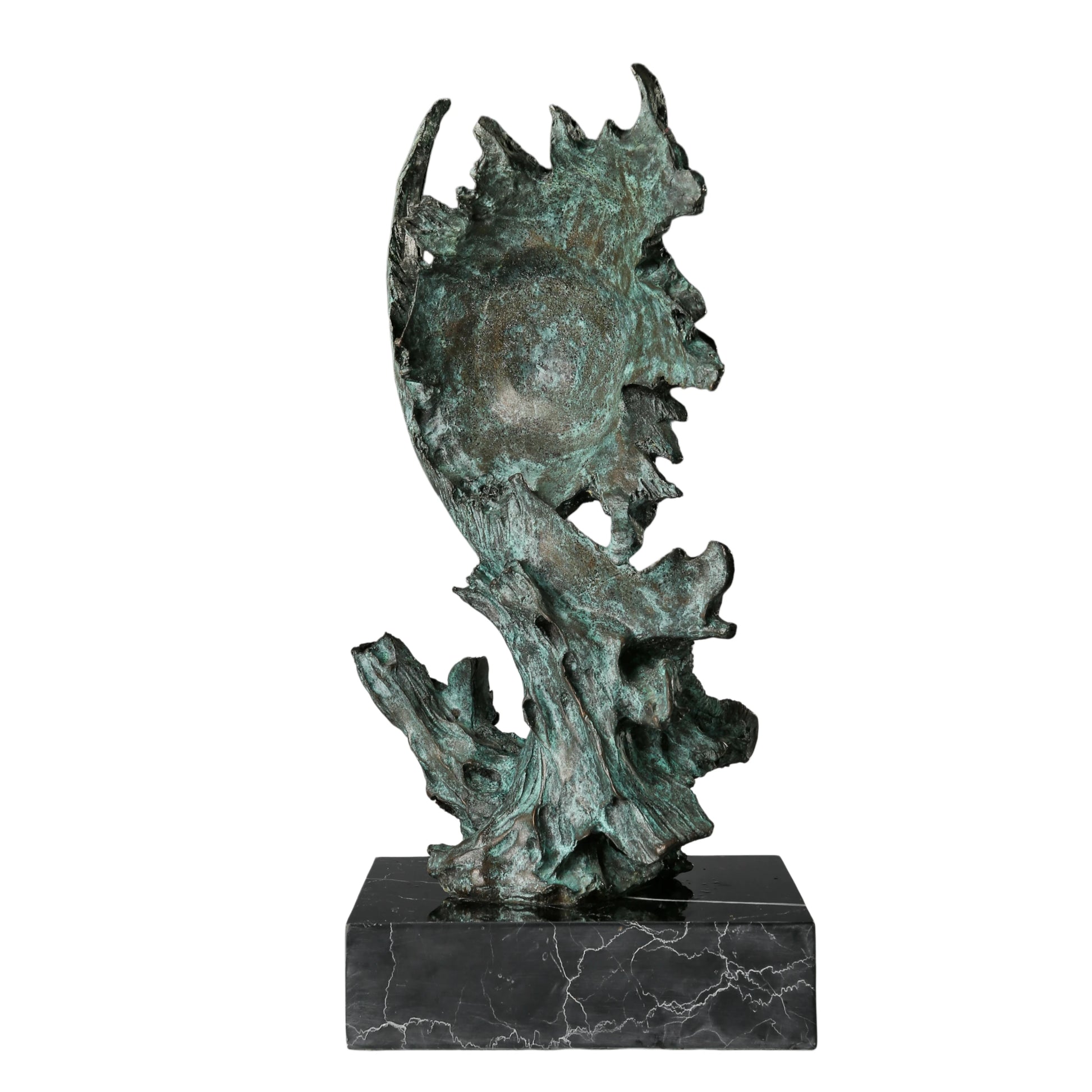 Abstract bronze eagle head sculpture with striking verdigris patina and marble base. A bold wildlife statue symbolizing freedom, strength, and vision.