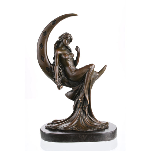 Art Nouveau moon goddess bronze sculpture seated on crescent moon, celestial maiden statue with flowing hair on black marble base, loss wax casting fantasy art.