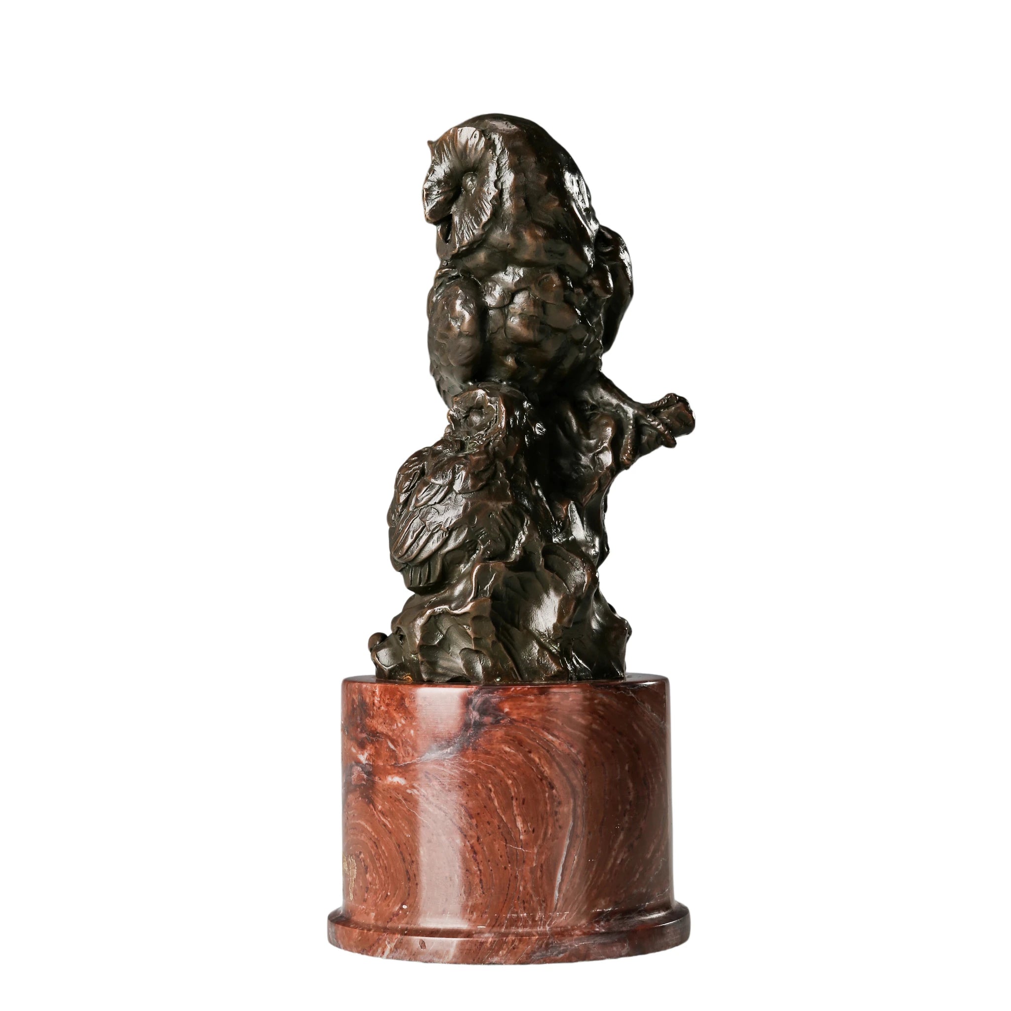 Rear view of bronze mother and baby owl sculpture showing layered wings and branch details