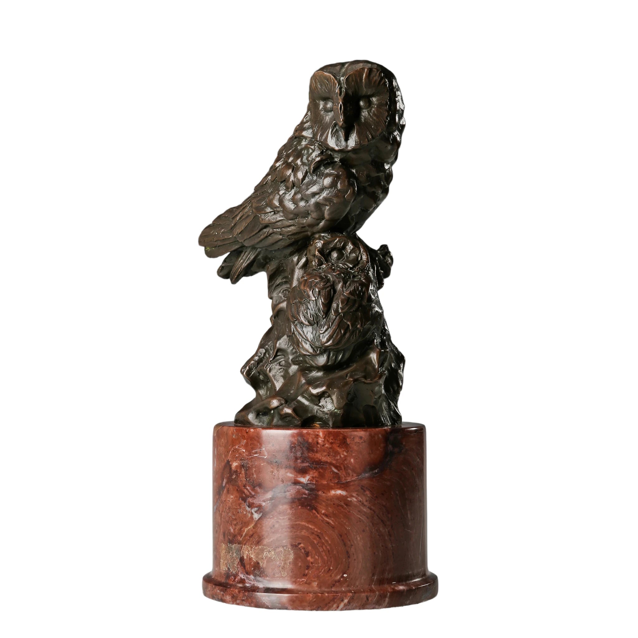 Angled view of bronze mother and baby owl statue showing layered feathers and warm patina