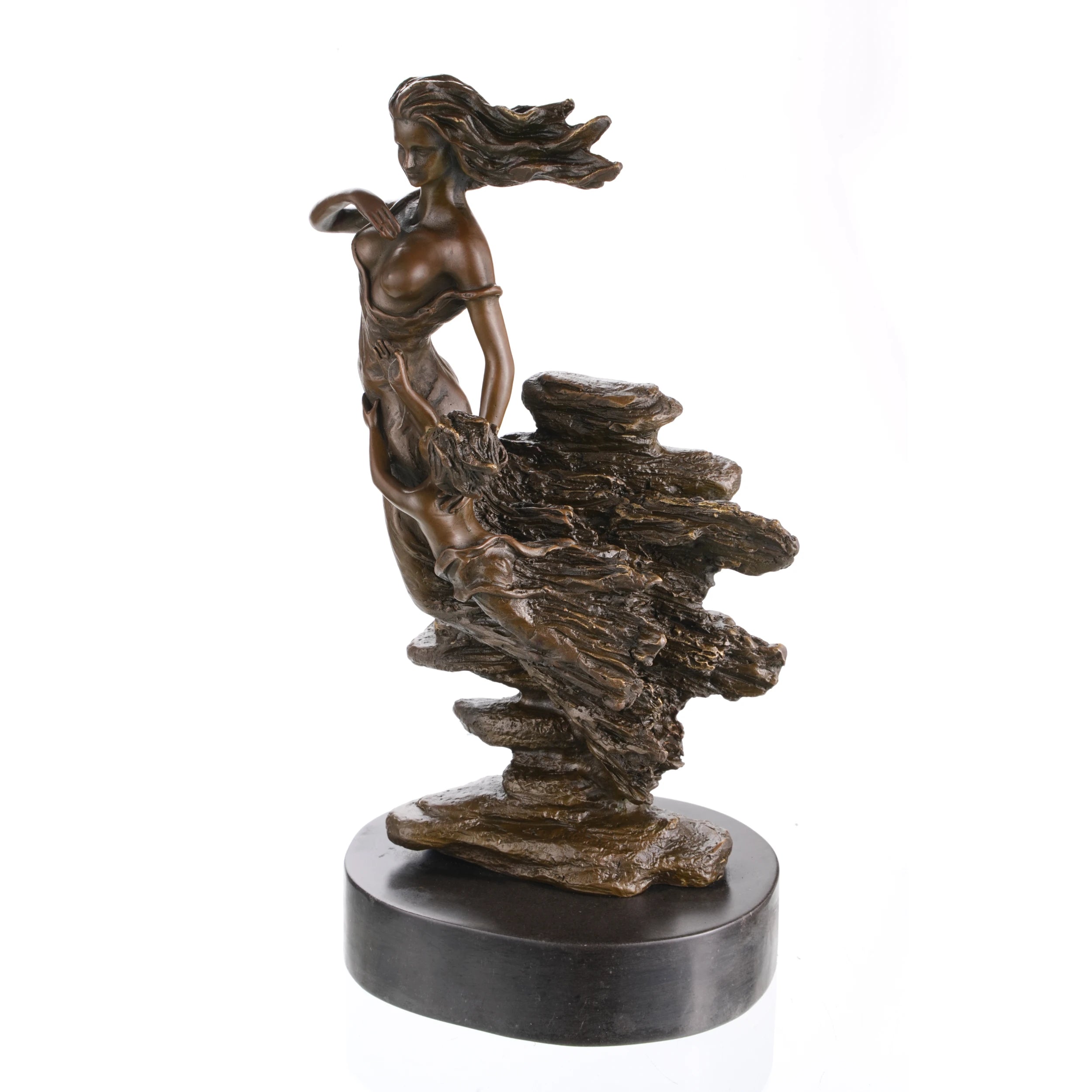Side view showing flowing Art Nouveau lines of the bronze mother and child sculpture