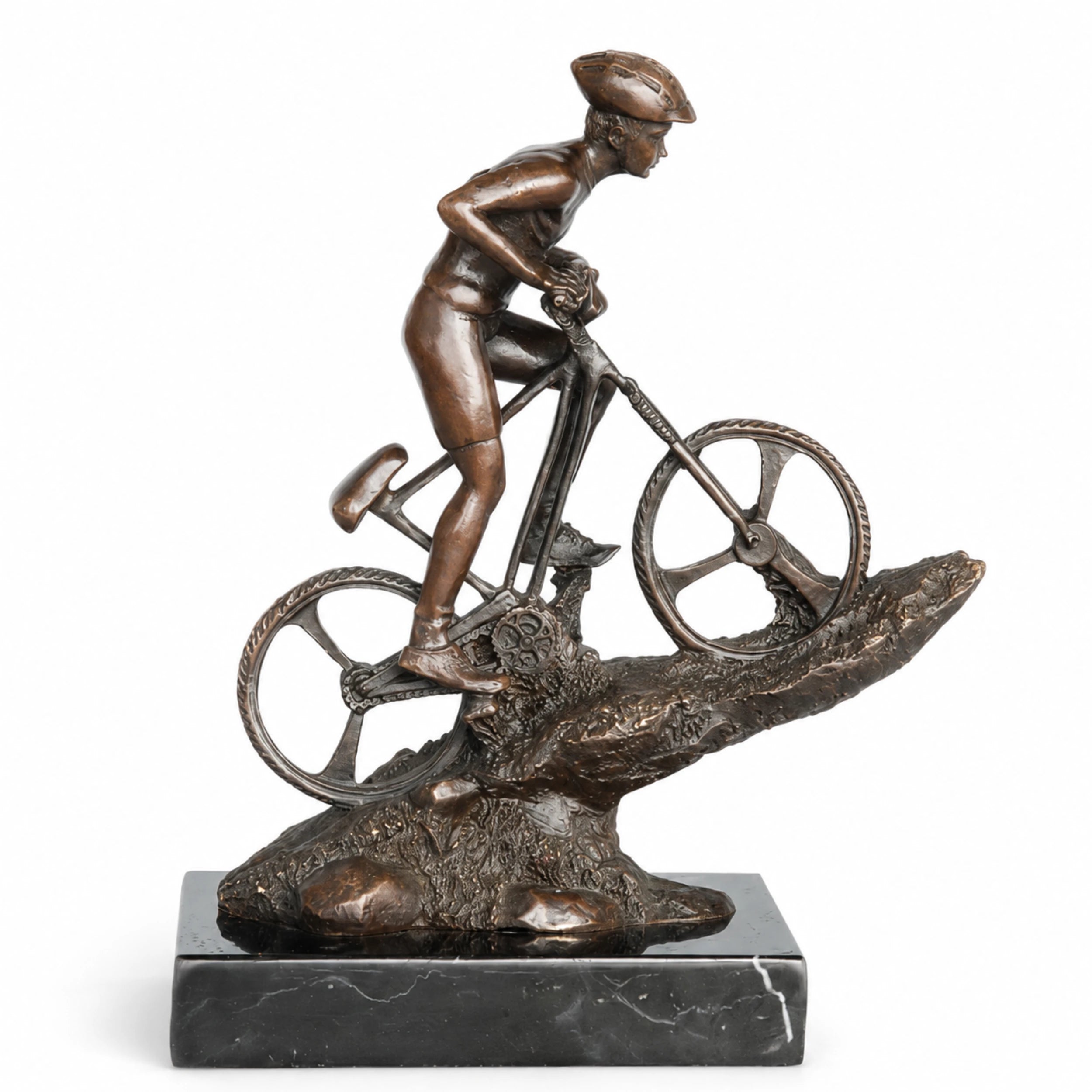 Mountain Biker Bronze Sculpture on a white background