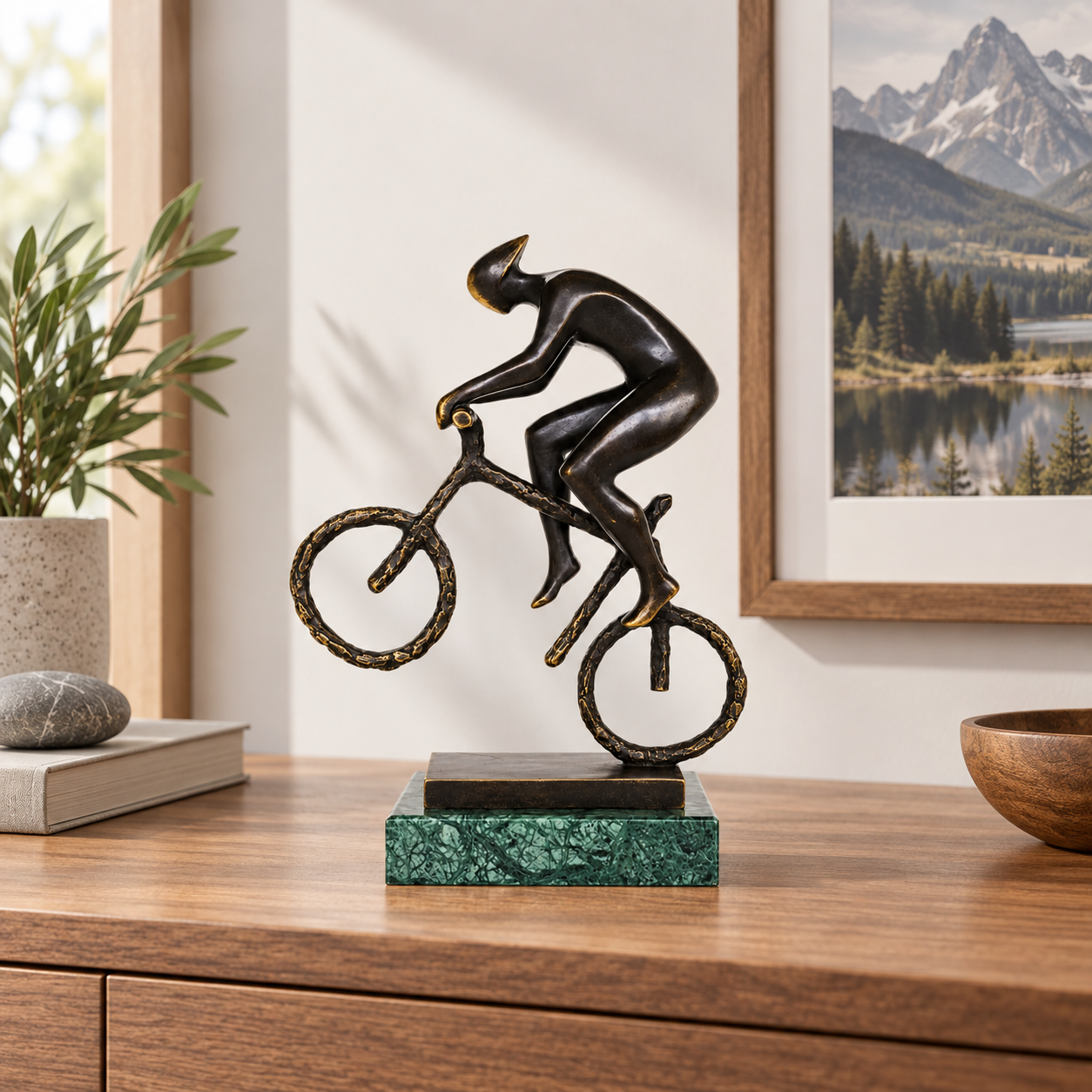 Abstract bronze mountain biker statue displayed as modern cycling, sports, and office decor