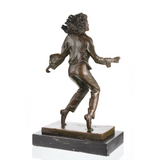 Dynamic bronze Michael Jackson sculpture in classic dance pose, King of Pop statue with flowing hair and open jacket on black marble base, loss wax casting music memorabilia.