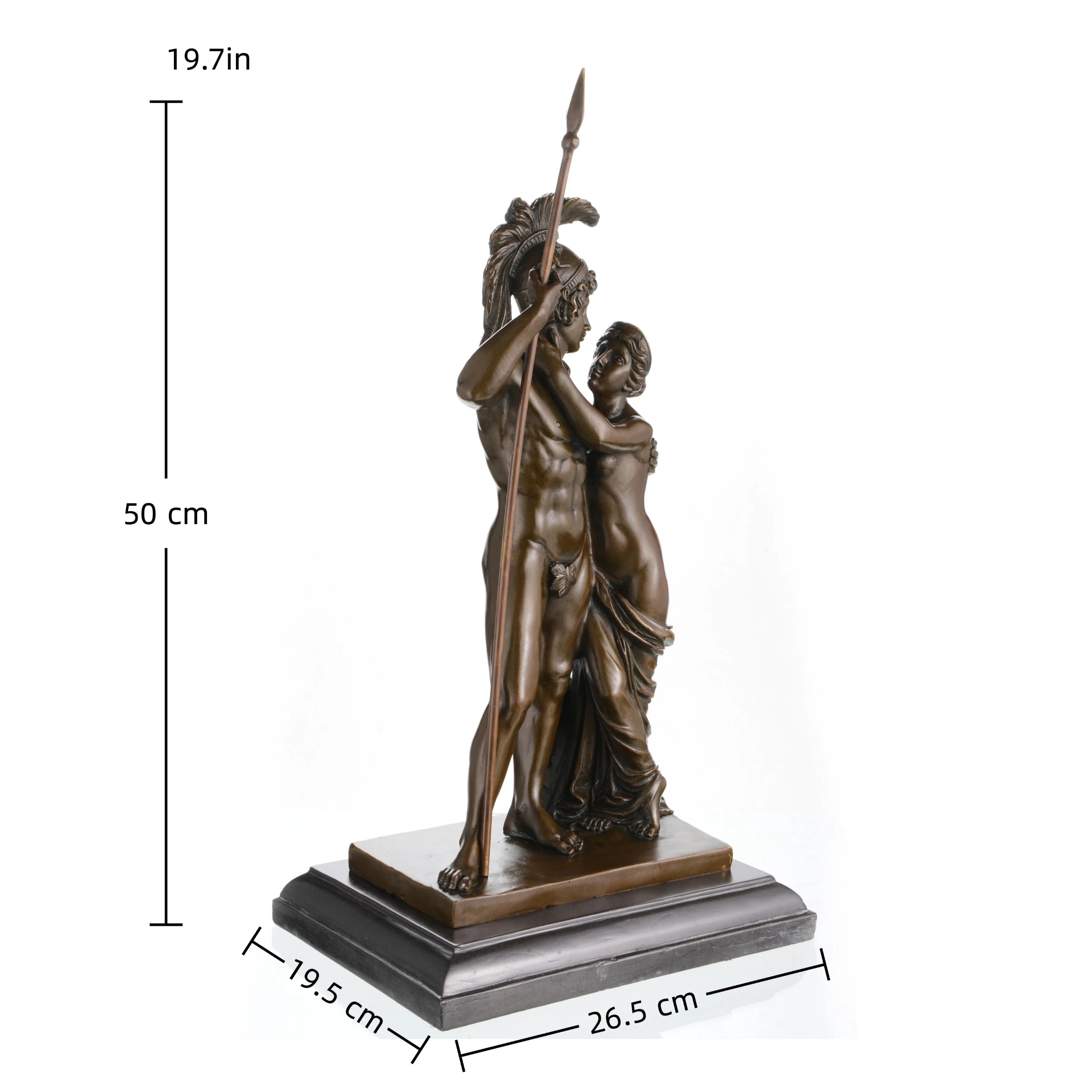Mars and Venus bronze sculpture depicting love conquering war, mythological God and Goddess statue on stepped black marble base, loss wax casting classical fine art.