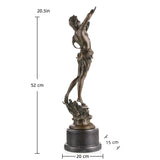 Classical bronze sculpture of Greek god Pan playing syrinx pan flute, athletic mythological figure on cylindrical black marble base, loss wax casting art for home library.