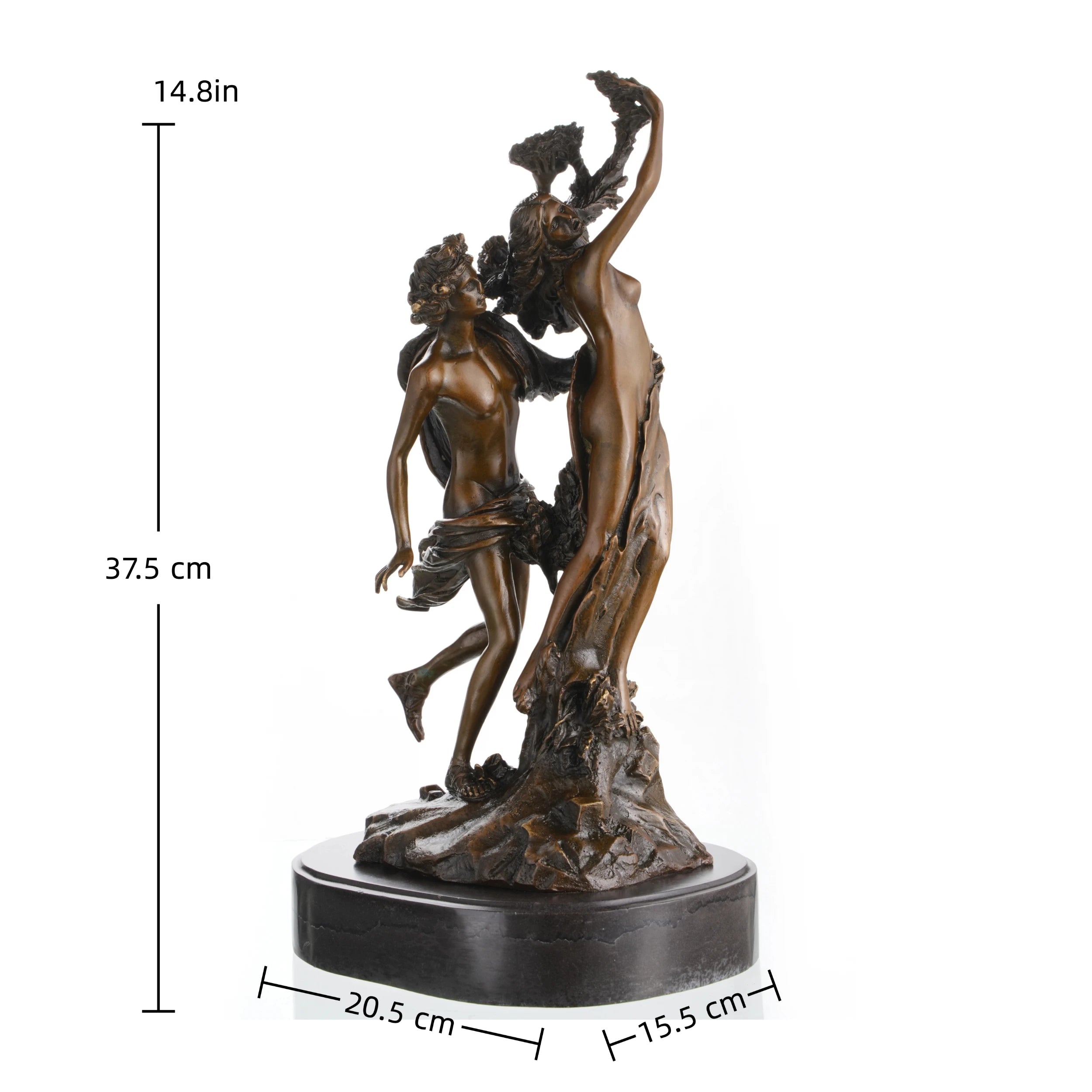 Apollo and Daphne bronze sculpture showing transformation into laurel tree, classical Greek mythology statue on oval black marble base, loss wax casting fine art.