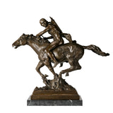 Handcrafted bronze Native American horse rider sculpture on a galloping horse