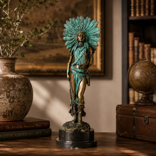 Native American-inspired woman bronze statue displayed as dramatic Western office and lodge decor