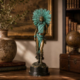 Native American-inspired woman bronze statue displayed as dramatic Western office and lodge decor