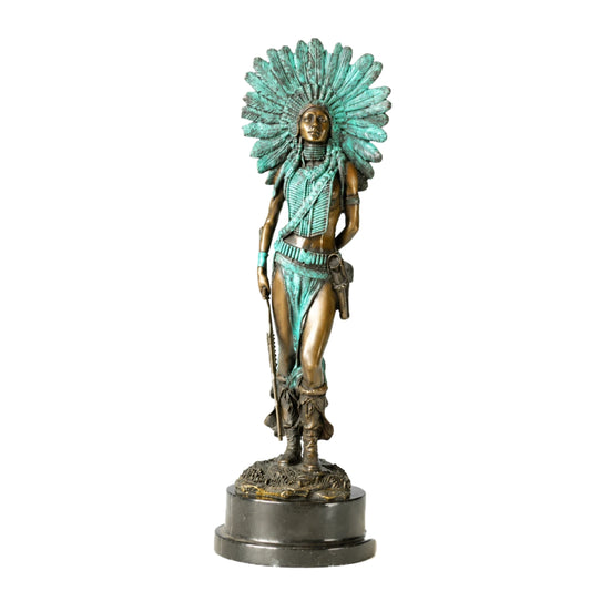 Handcrafted bronze Native American-inspired woman warrior statue with feathered headdress and verdigris patina