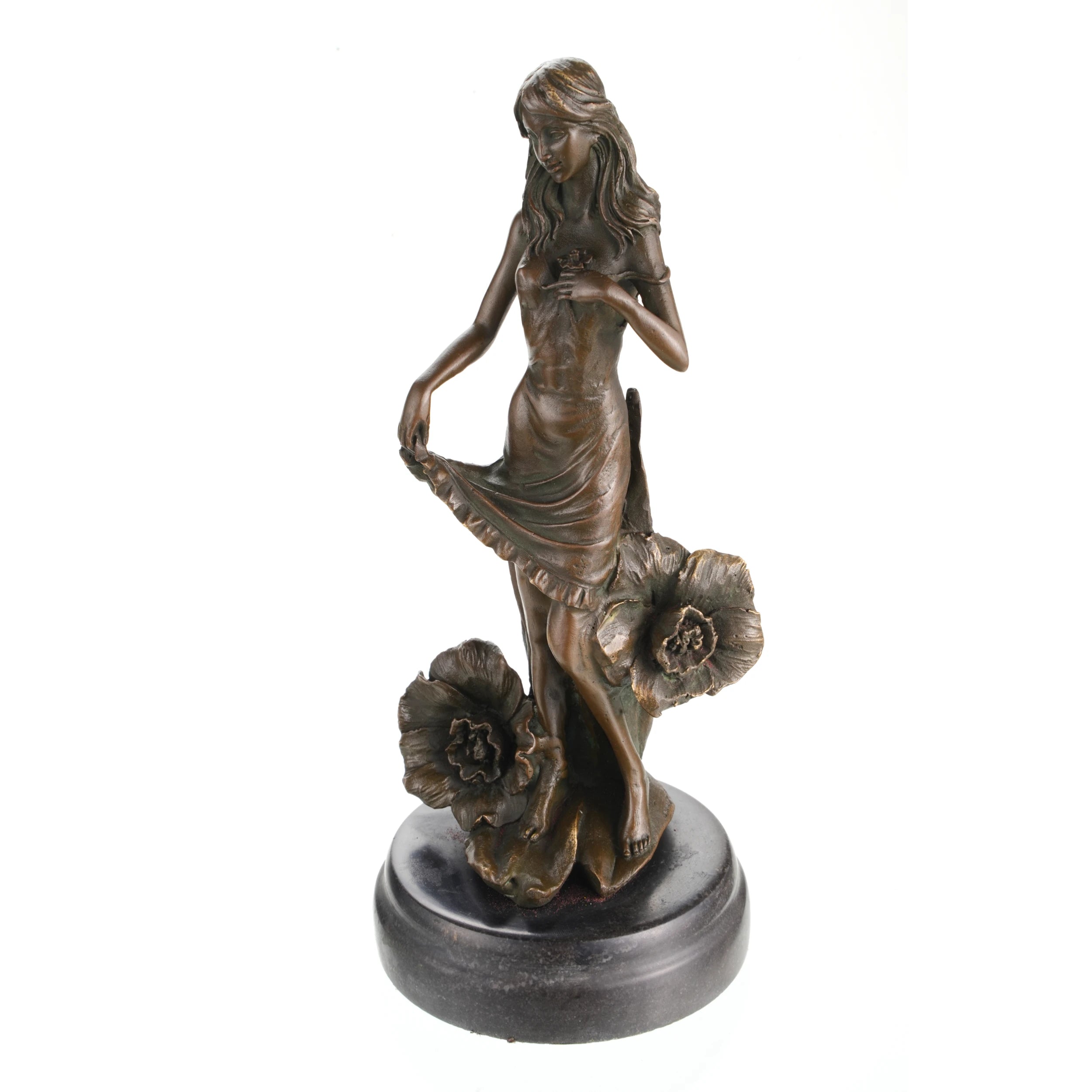 Solid bronze nature maiden sculpture with flowers on black marble base, romantic flower girl statue for elegant interior decor.