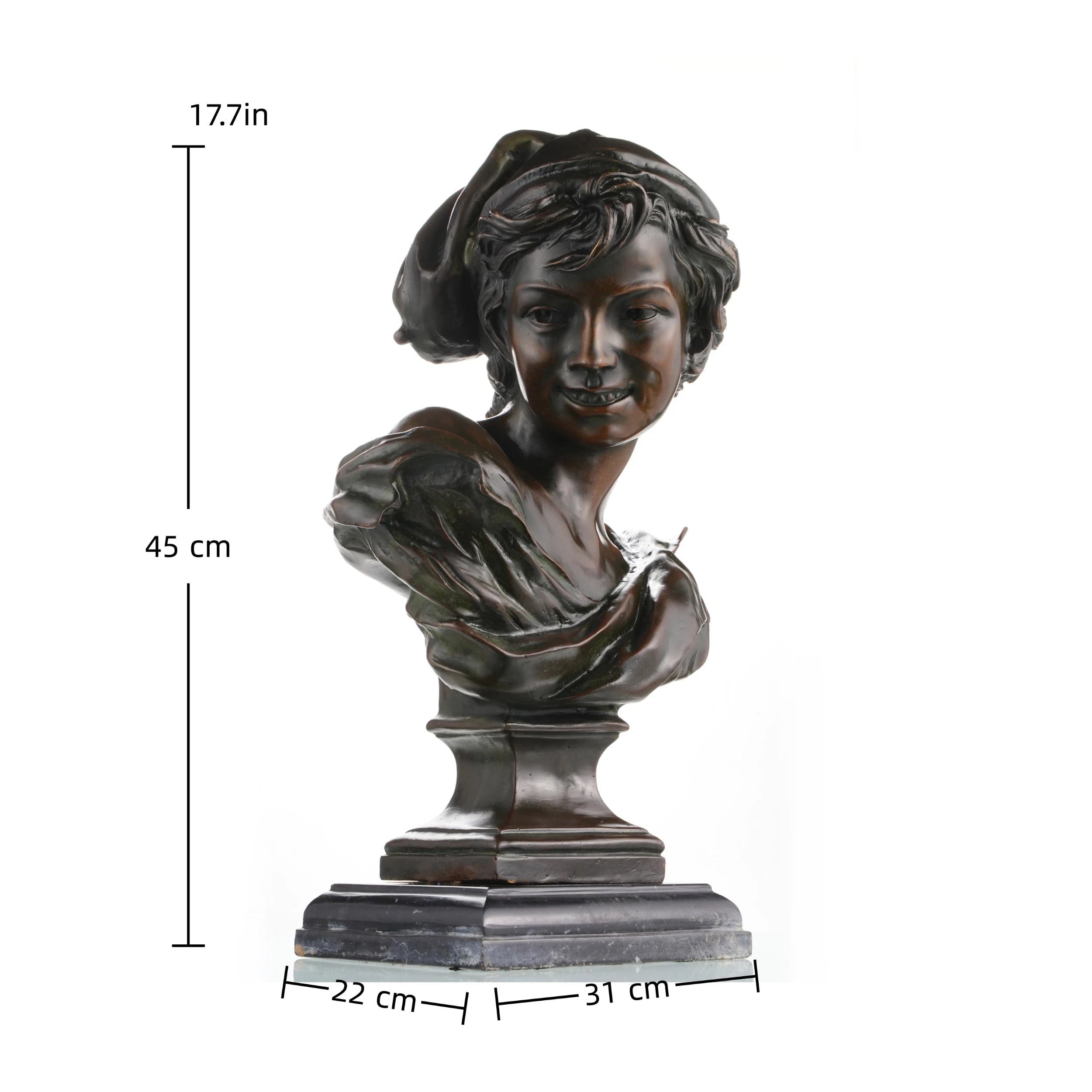 Neapolitan fisherboy bronze bust by Jean-Baptiste Carpeaux, playful French neoclassical boy statue on ornate marble base, lost wax casting museum art.