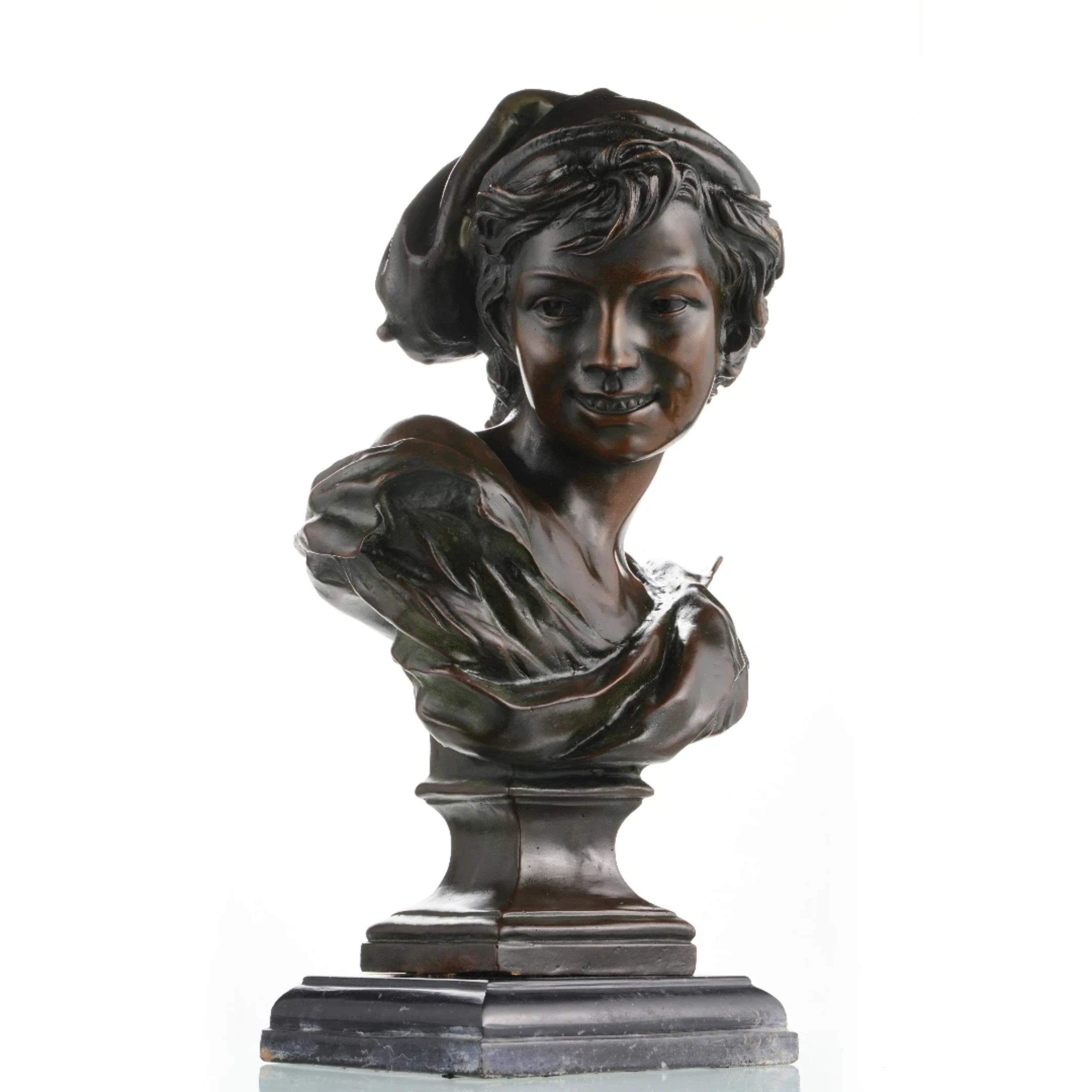 Neapolitan fisherboy bronze bust by Jean-Baptiste Carpeaux, playful French neoclassical boy statue on ornate marble base, lost wax casting museum art.