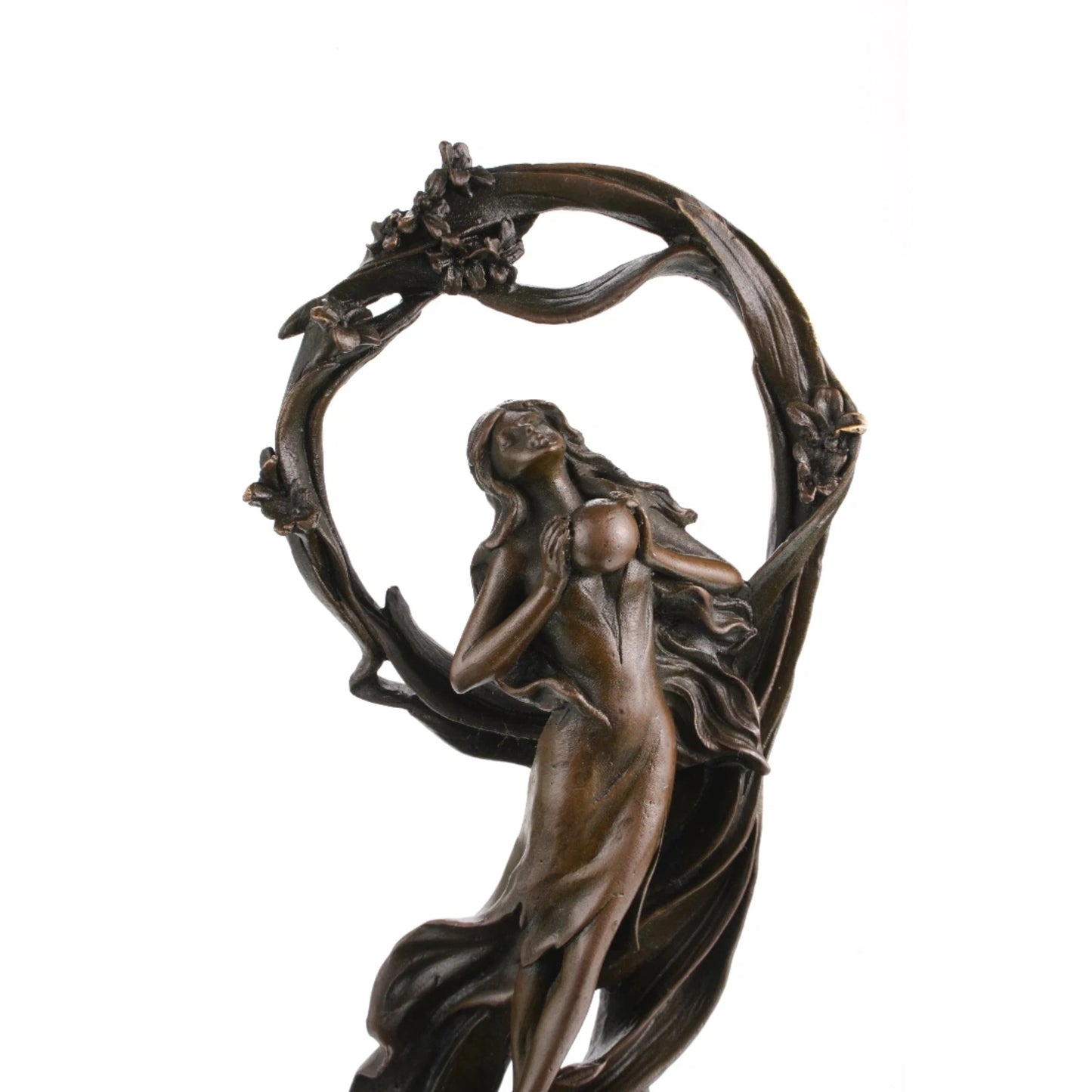 Art Nouveau woman holding orb bronze sculpture with decorative arch