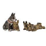 Handcrafted painted bronze hunting dog group sculpture featuring several sporting dogs in varied poses
