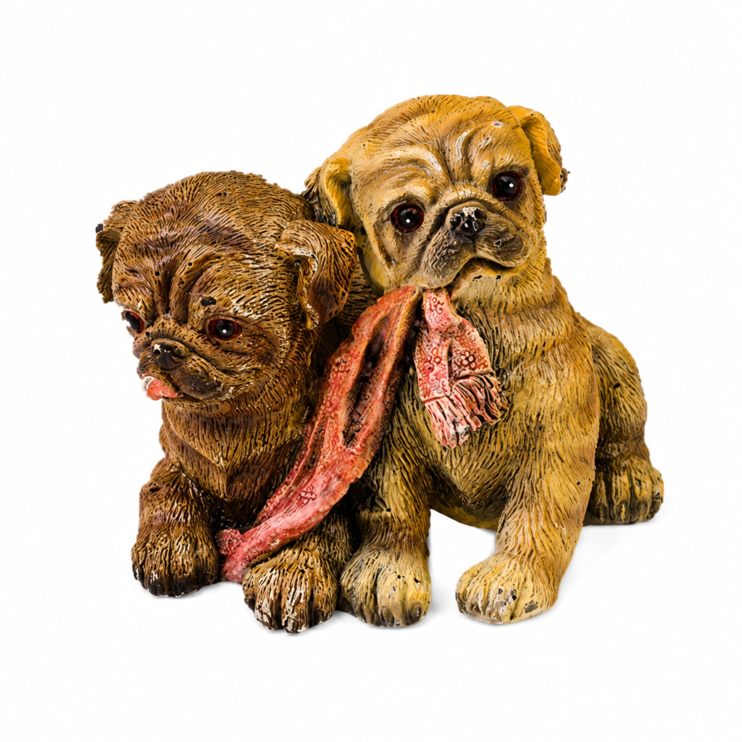 Handcrafted painted bronze puppy pair sculpture with two playful dogs sharing a patterned scarf