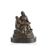 Detailed bronze Pieta sculpture Virgin Mary holding Jesus, Michelangelo-inspired religious statue on black marble base, loss wax casting fine art.