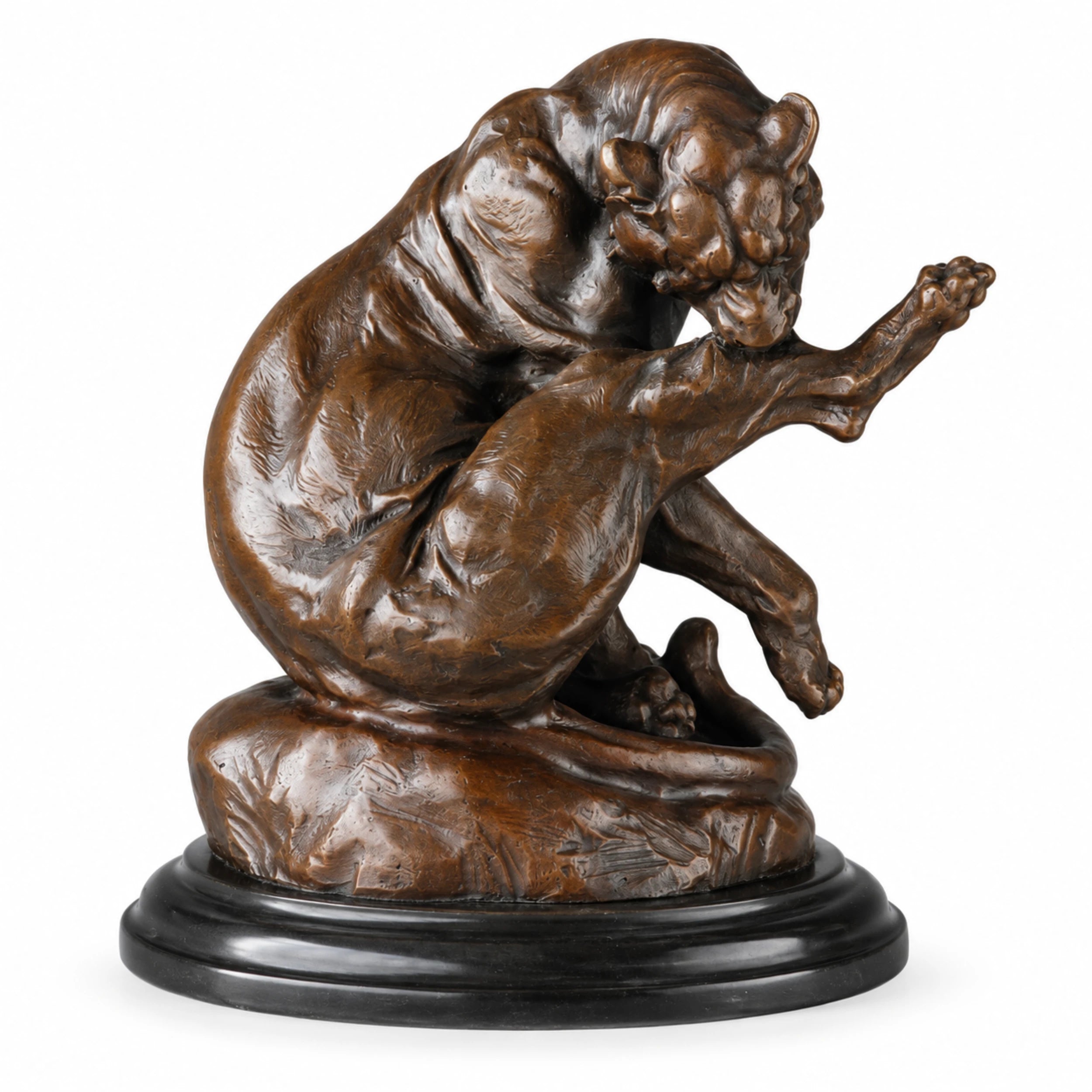 Playful Seated Lion Bronze Sculpture on a clean white background