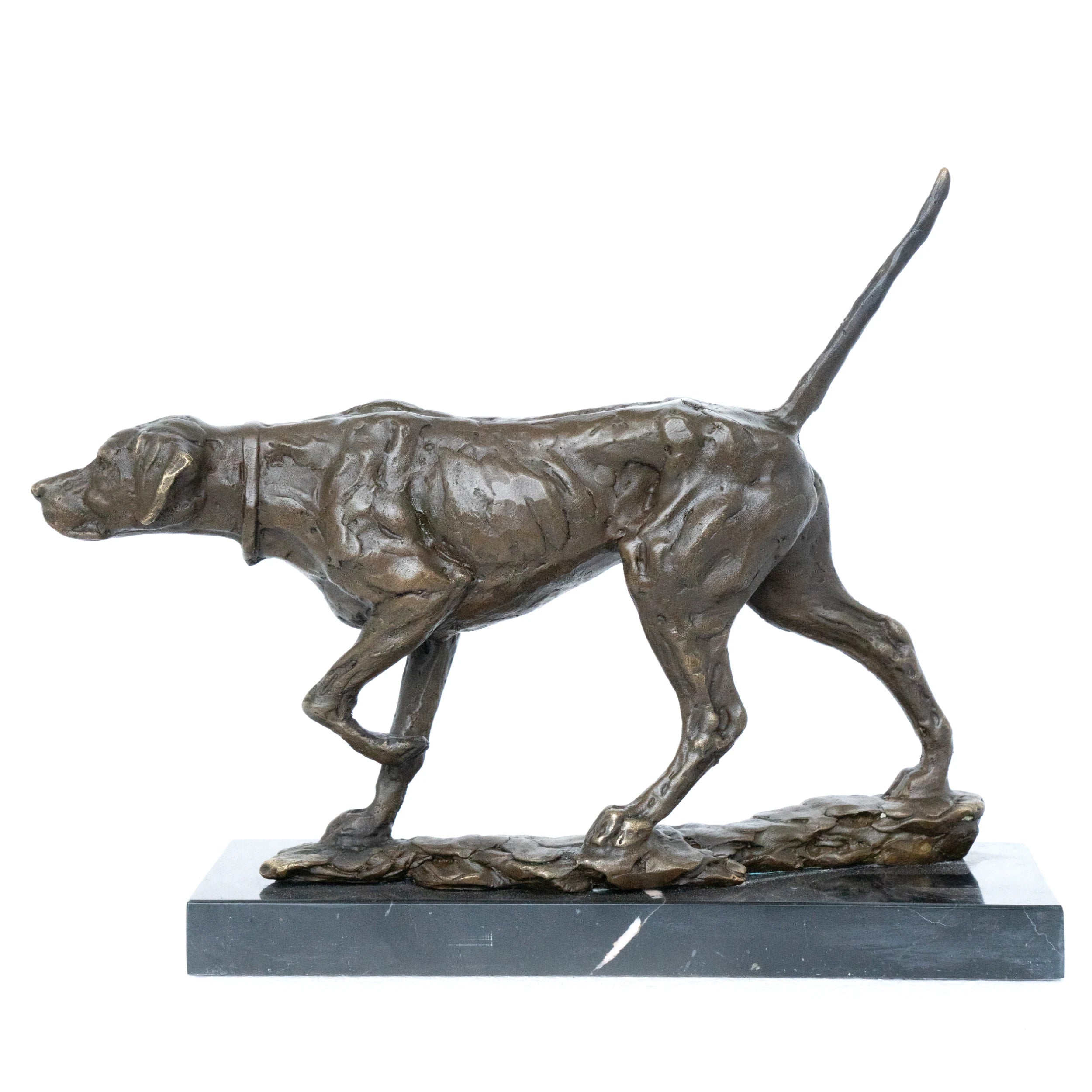 handcrafted pointing bronze hunting dog sculpture in a tail-up tracking pose with head lowered