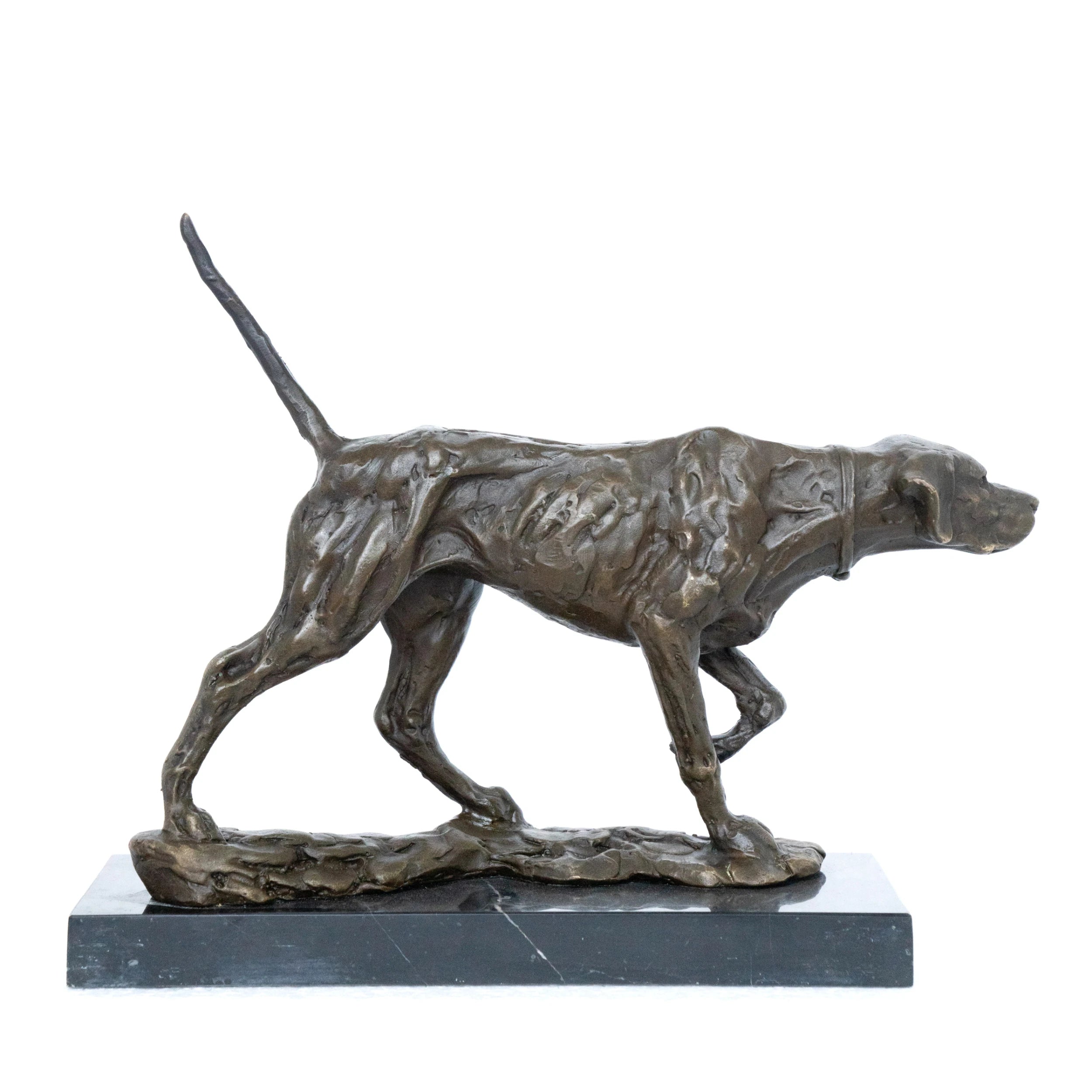 Side view of bronze pointing hunting dog sculpture with athletic body and scent-tracking stance