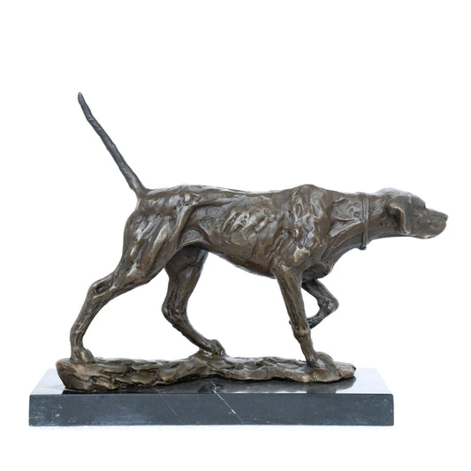 Side view of bronze pointing hunting dog sculpture with athletic body and scent-tracking stance