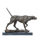 Side view of bronze pointing hunting dog sculpture with athletic body and scent-tracking stance