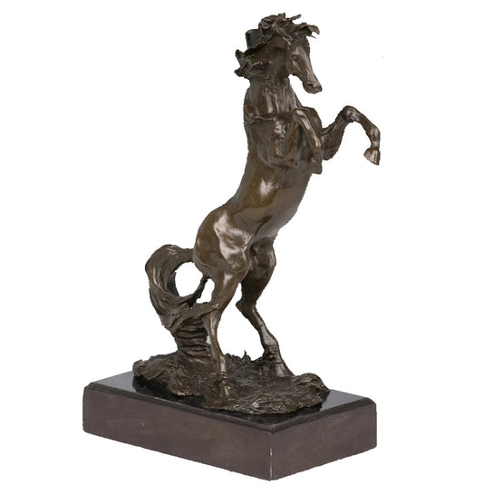 Rearing horse bronze sculpture with raised front legs on marble base