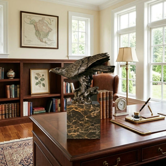 Pre-flight bronze eagle sculpture with detailed feathers and natural base. Elegant wildlife statue for home decor, office, or collectors.