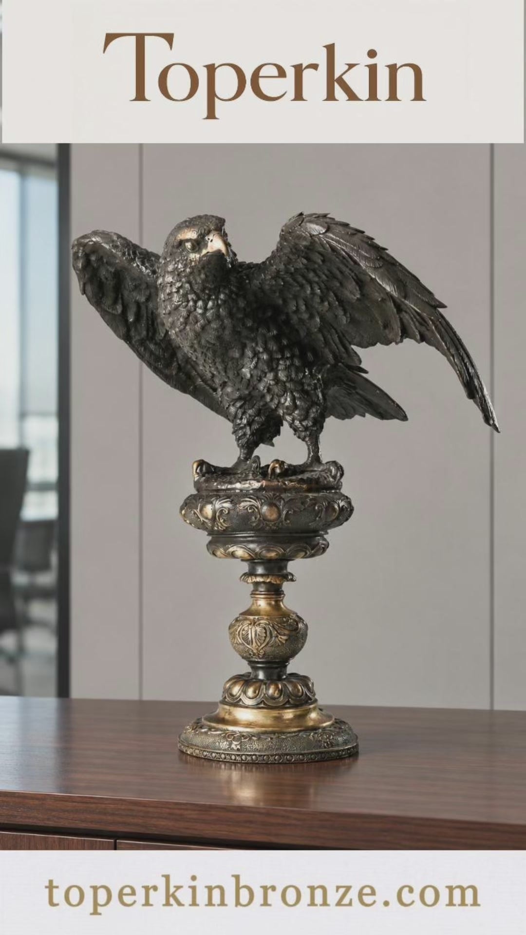 Handcrafted Bronze eagle statue with wings partially spread, detailed feathers and decorative base. Classical wildlife sculpture for home decor, office, or collectors.