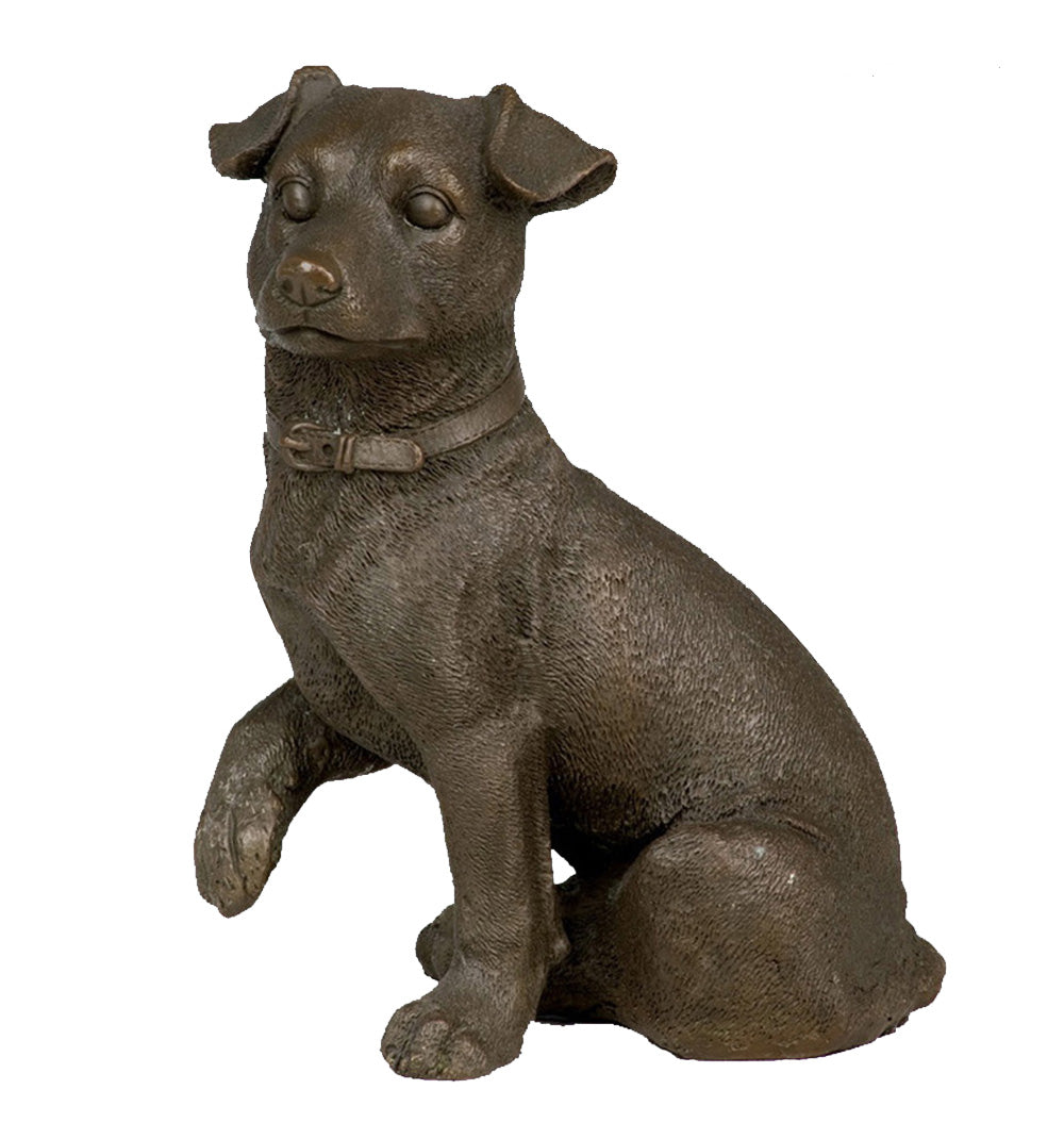 A lifelike bronze terrier dog sculpture in a seated pose with one paw gently raised, a charming accent for home decor or gift for dog lovers.