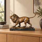 Prowling Male Lion Bronze Sculpture displayed in a minimalist interior