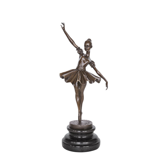 Front view of puff sleeve ballerina bronze sculpture with extended arms and flowing tutu