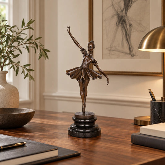 Puff sleeve ballerina bronze sculpture displayed as elegant home decor