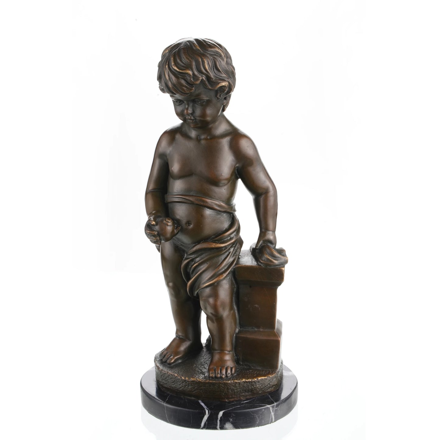 Bronze putto statue holding fruit on marble base