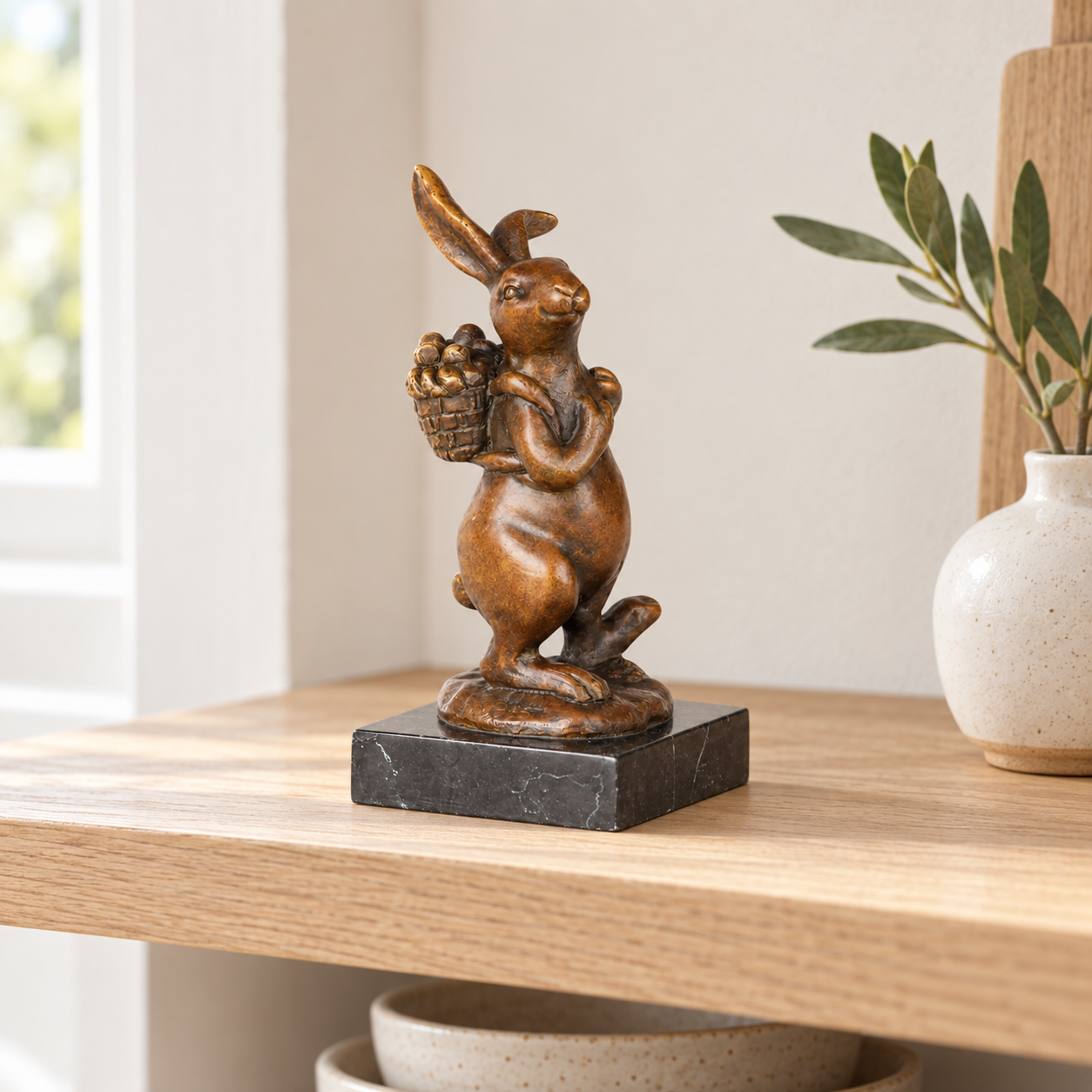 Rabbit with Basket Bronze Sculpture displayed in a minimalist interior