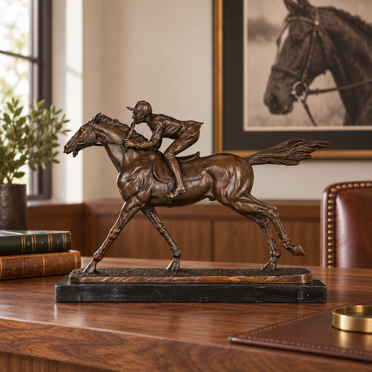 Racehorse and Jockey Bronze Sculpture displayed in a minimalist interior