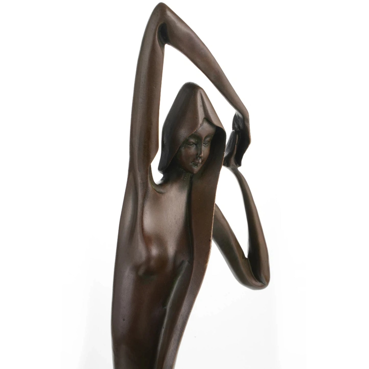 Raised arm gesture detail in Art Deco female sculpture